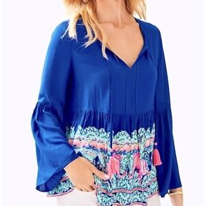 Lilly Pulitzer Kahli Elephant Babydoll Tassel Bell Sleeve Top Blue XS Coastal